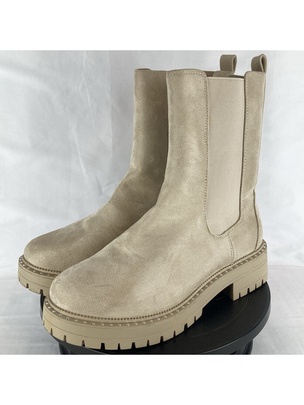 Women’s 10 It's Mid Calf Chelsea Boots Beige Suede Studded Platform Lug Sole